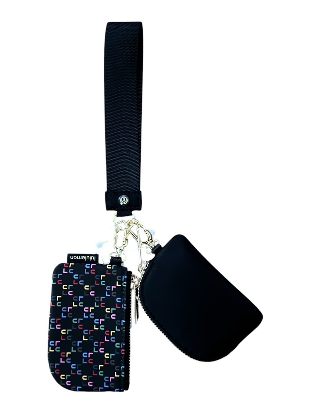 Lululemon Dual Pouch Wristlet Black Gold Hardware Spell Out NWT Wallet Keychain